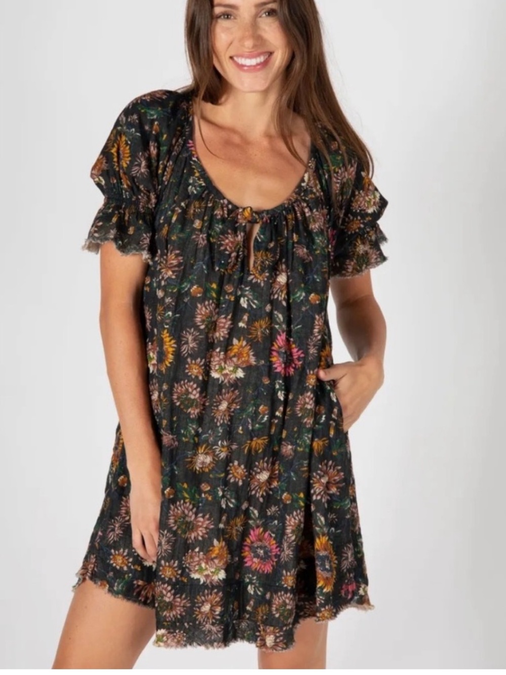 Natural Life Sienna Floral Raw Edge Hem Cotton Mini Dress Medium